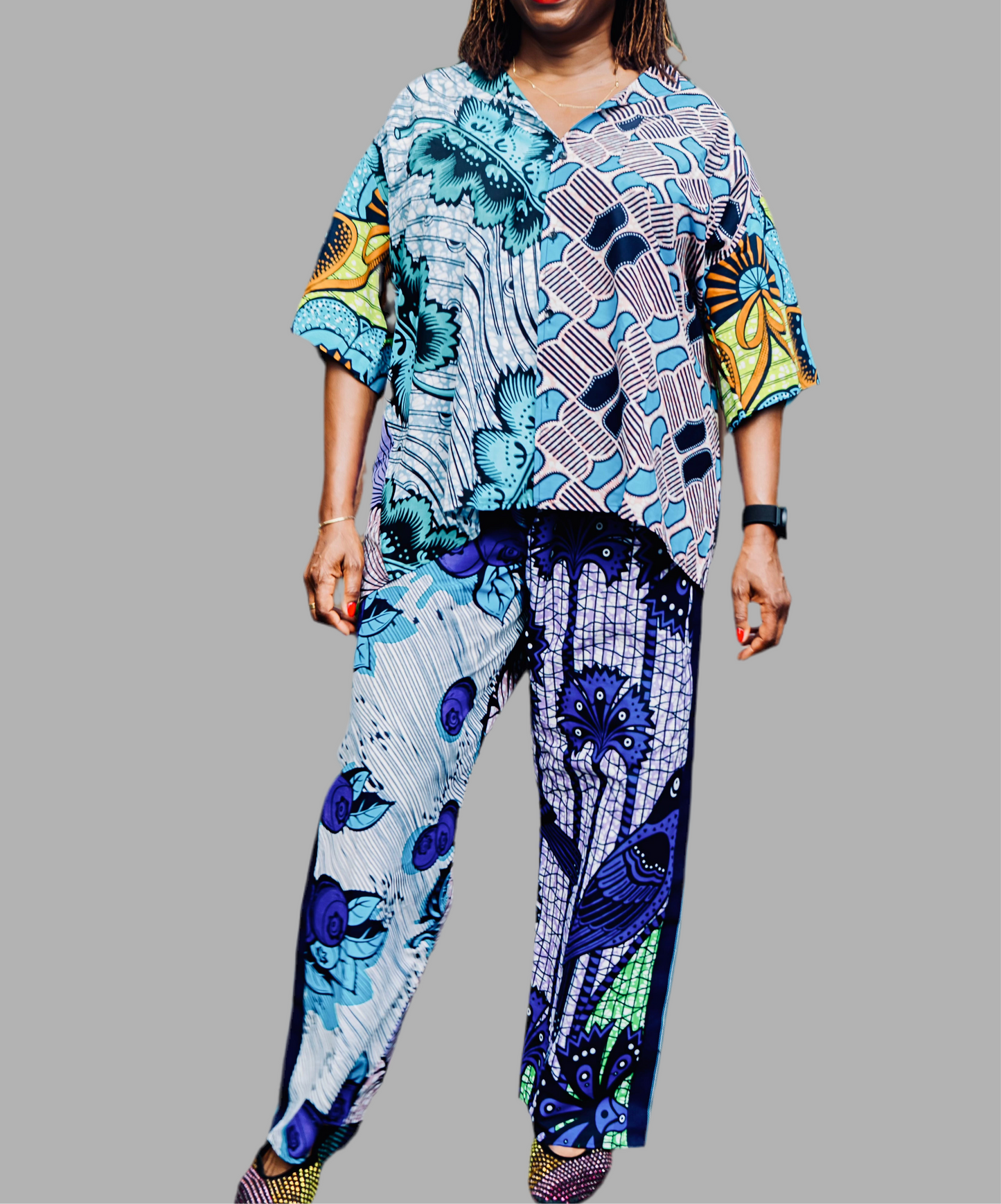 TZAR STUDIO African Print Ankara Pant Suit – Blue Two-Piece Set for Women