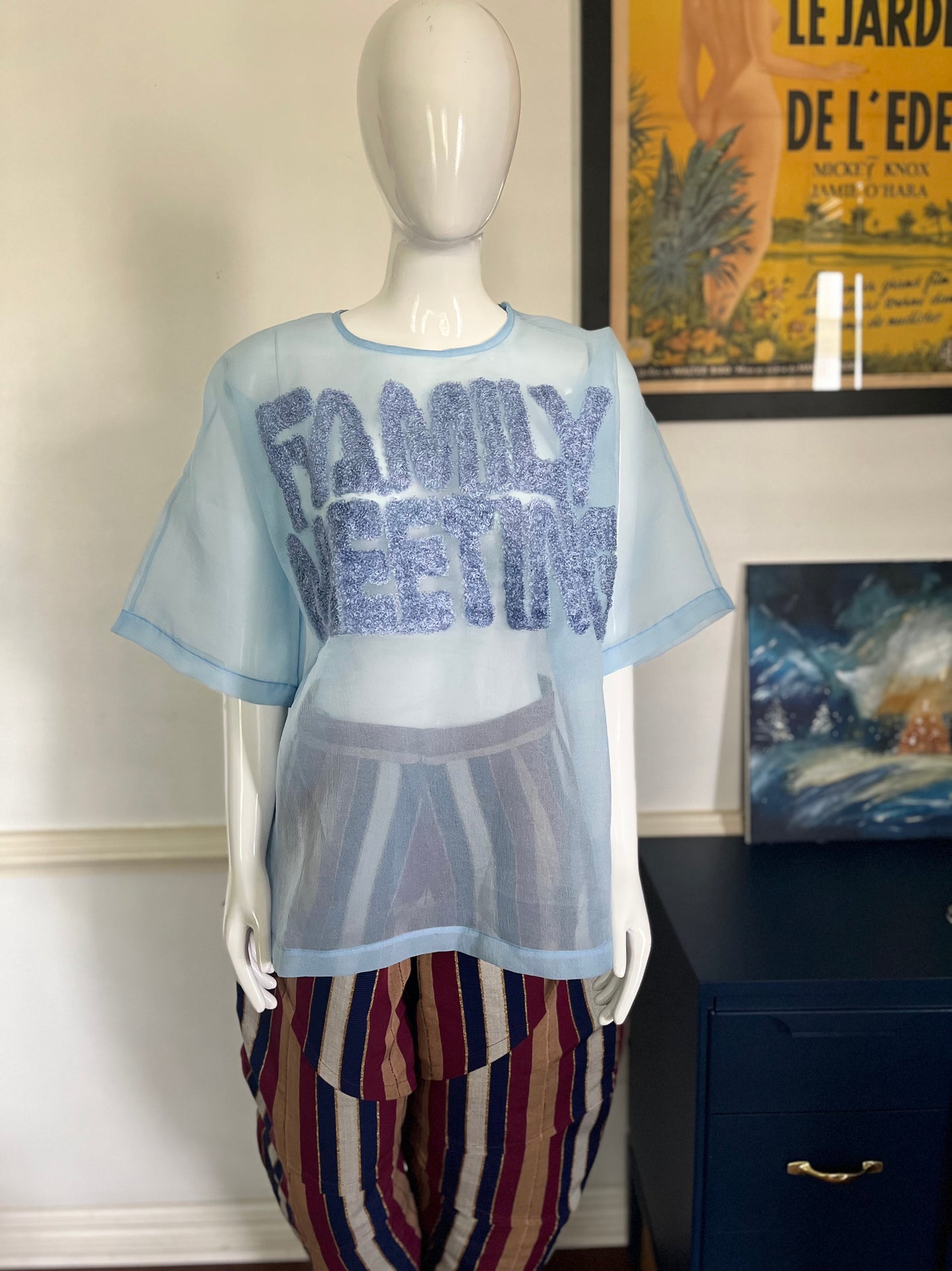ITUEN BASI Blue Family Meeting Organza top with embroidery