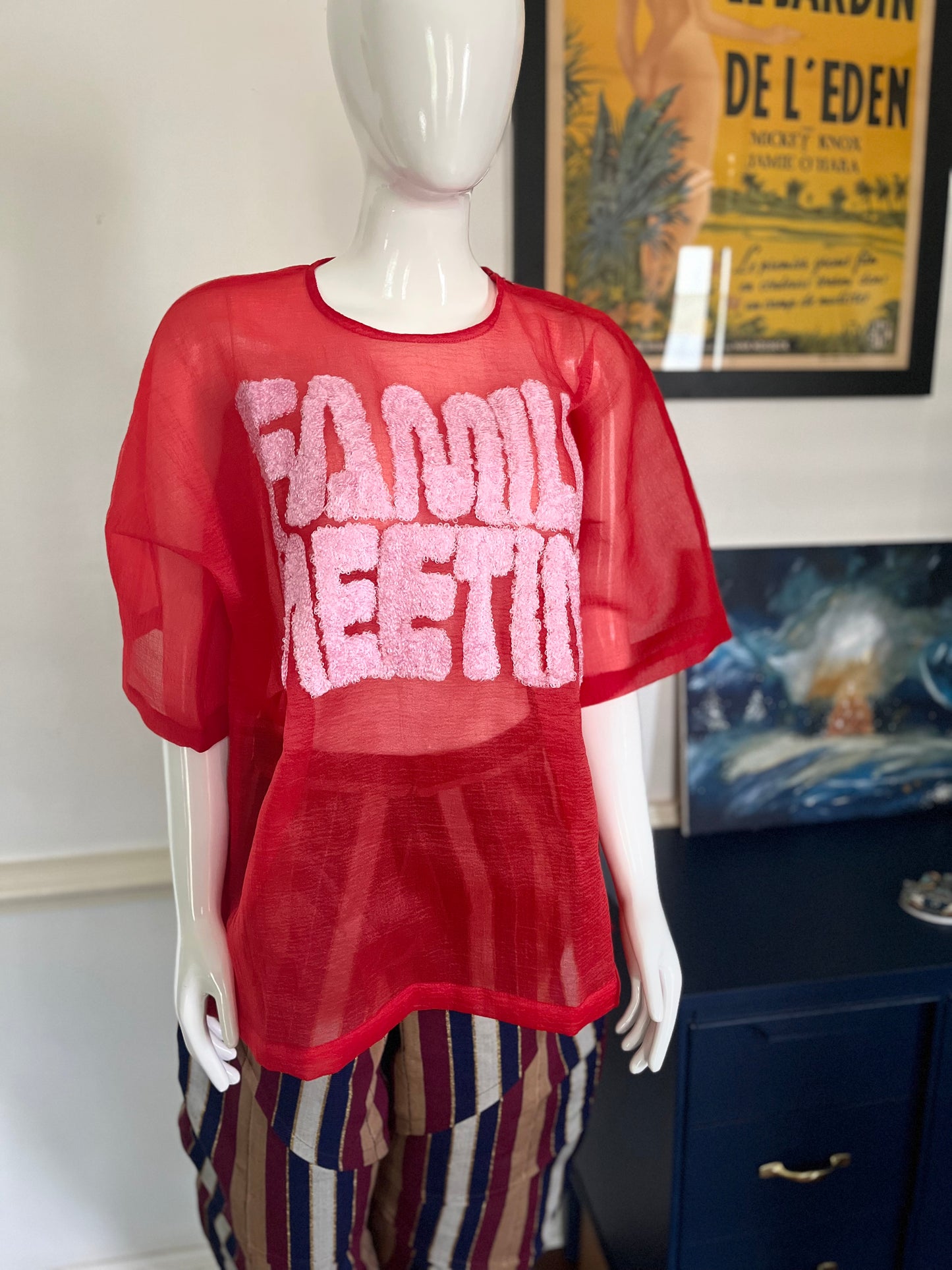 ITUEN BASI Red Family Meeting Organza top with embroidery