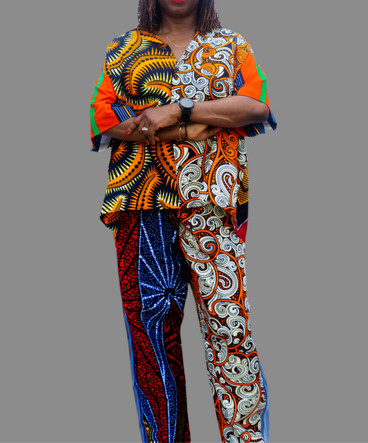 TZAR STUDIO African Print Ankara Pant Suit – Orange Two-Piece Set for Women