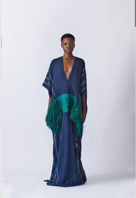 EKI KERE Blue Raffia Kaftan Dress