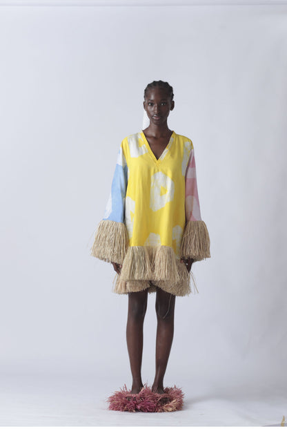 EKI KERE Yellow Multicolor Raffia Doll Mini Dress