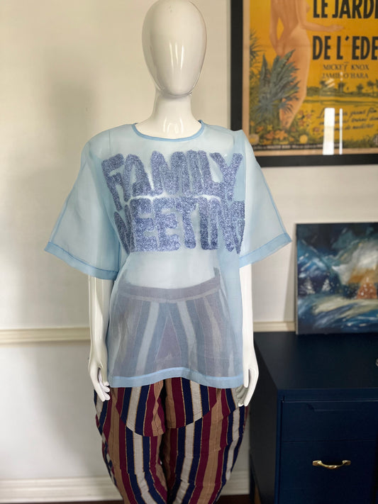 ITUEN BASI Blue Family Meeting Organza top with embroidery