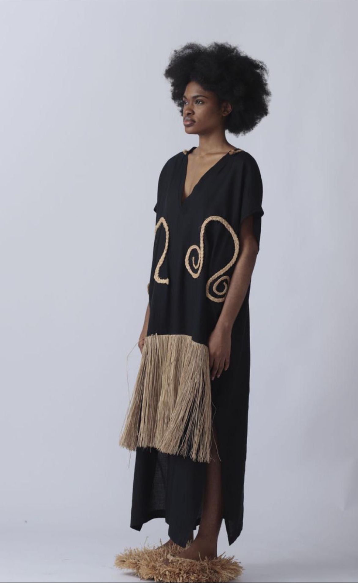 EKI KERE Black Raffia Kaftan Dress