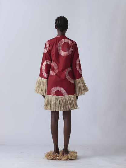 EKI KERE Red with Beige Raffia Doll Mini Dress