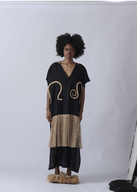 EKI KERE Black Raffia Kaftan Dress